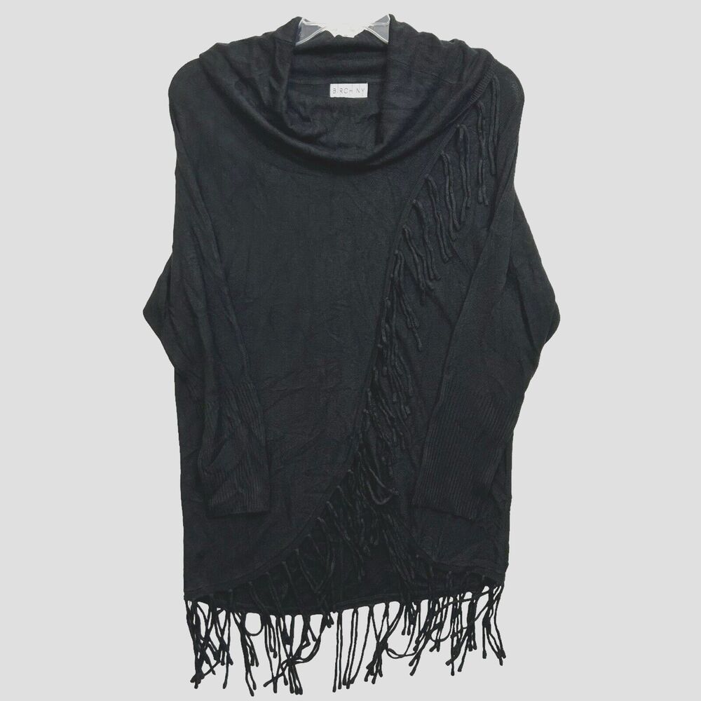 Birch NY Cowl Neck Sweater Top Black Fringe Long Sleeve Women's Small NWOT‎
